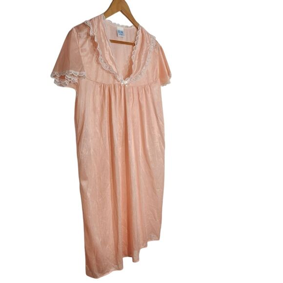 Vintage 70s Pink Peach Lace Trim Nightgown Satin Sheen‎ Ruffle Short Sleeve XL - Picture 2 of 11